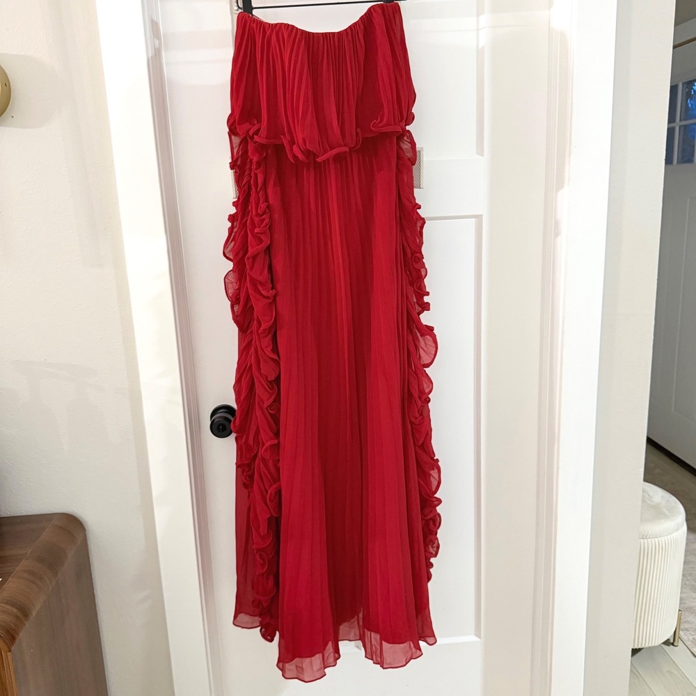 Badgley Mischka Red Pleated Ruffle Strapless Evening Gown Dress‎ Size 0 Romantic